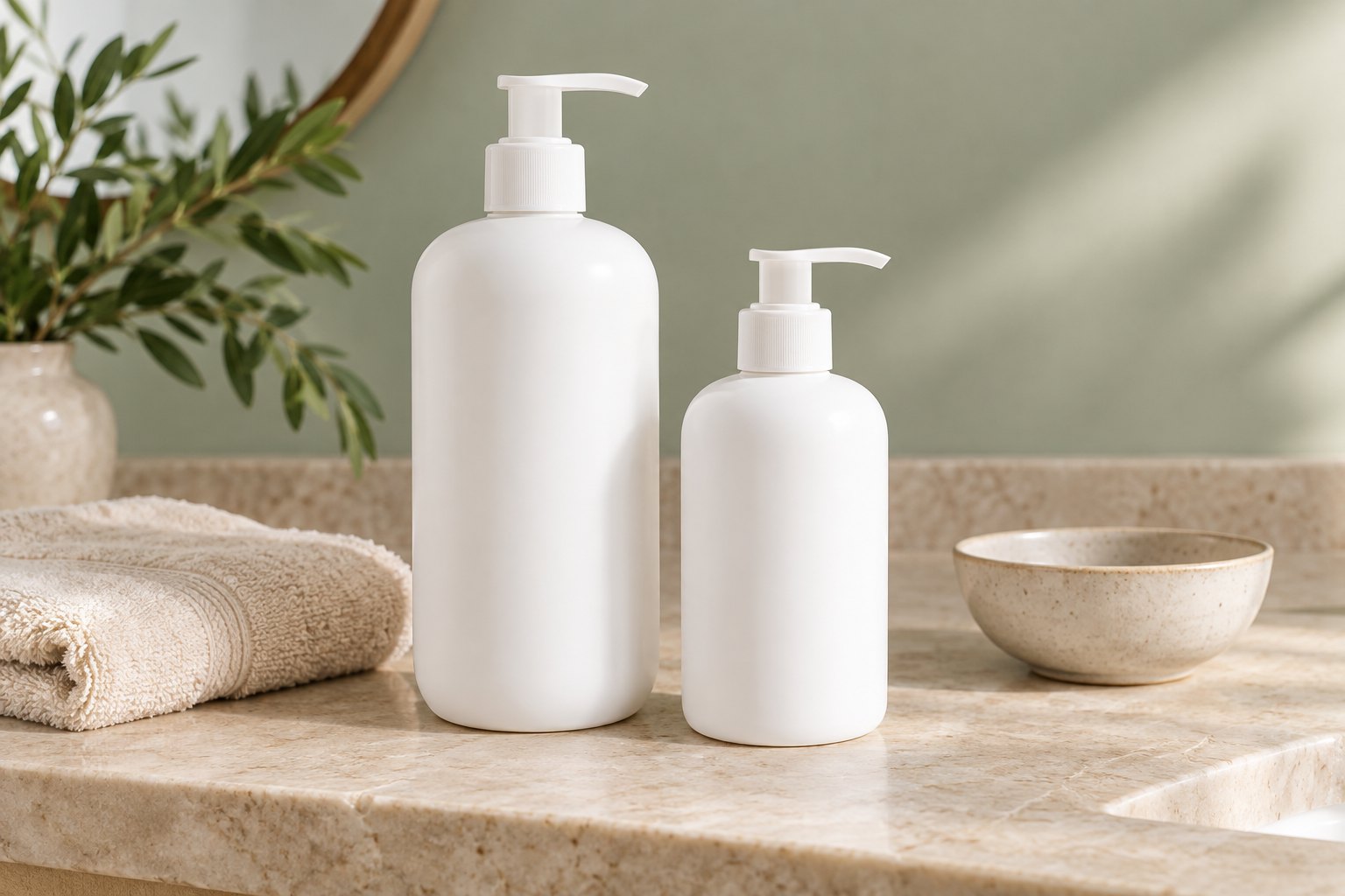 Ilustración IA de envases genéricos de loción; no muestra los envases de NIVEA ni CeraVe.
