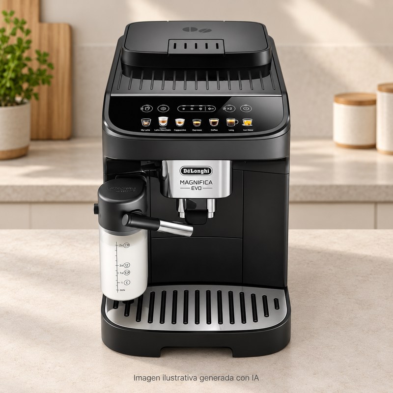 Ilustración generada con IA de la De’Longhi Magnifica Evo ECAM292.81.B; apariencia aproximada.