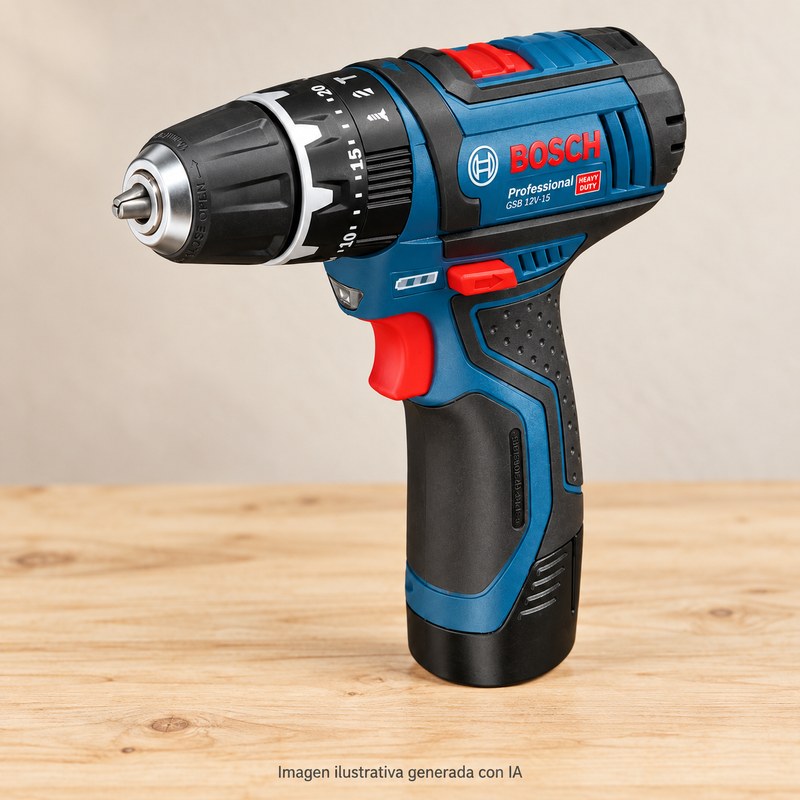 Ilustración generada con IA de Bosch GSB 12V-15; apariencia aproximada.