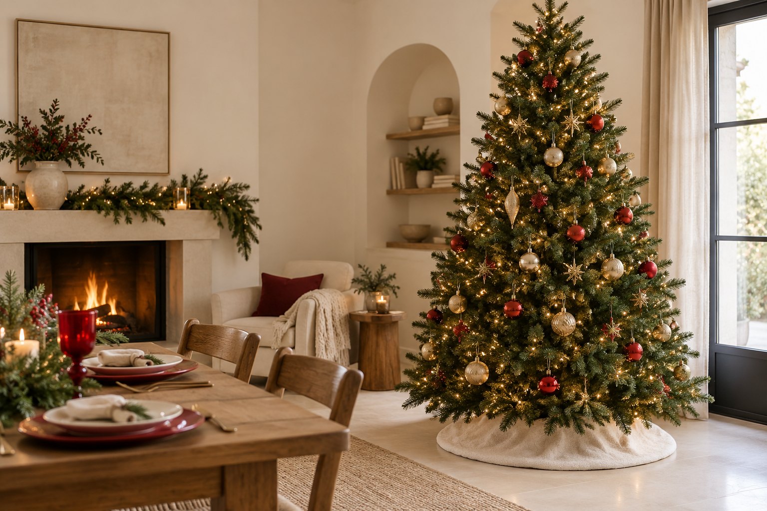 Ilustración de ambientación generada con IA: árbol y mesa navideños; no representa los productos exactos.